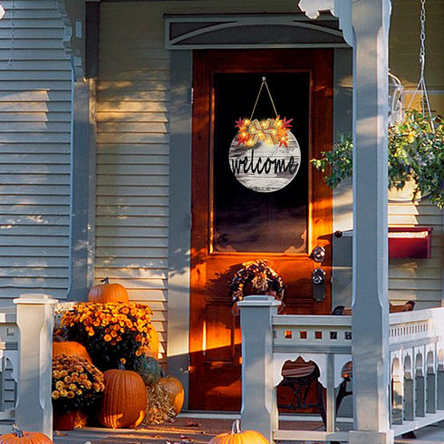 TURNMEON 10 LED Lighted Fall Welcome Sign Wreath for Front Door,Maple Leaves Wooden Hanging Sign Battery Operated Autumn Harvest Thanksgiving Fall Decoration Wall Porch Indoor Outdoor Home(Warm White)