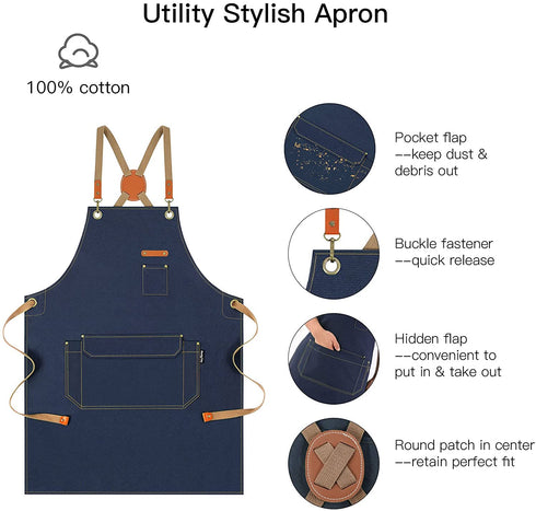 RockyToy Chef Apron with Cross Back Straps for Men Women, Cotton Canvas Apron for Artists Painting, Kitchen Cooking