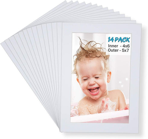Egofine 5x7 White Picture Mats Pack of 14, Frame Mattes for 4x6 Pictures, Acid Free, 1.2mm Thickness, with Core Bevel Cut