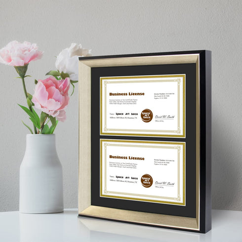 Space Art Deco, 11x14 Picture Frame with 2 Opening for Two 5.5x8.5 Business Licenses with Mat or 11x14 Frame Without Mat.Wall Display Horizontal or Vertical, High Definition Glass (Black with Silver Beveled Design)