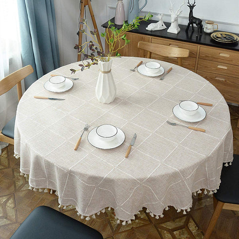 Heavy Weight Cotton Linen Tablecloth, Plaid Tassel Round Table Cover for Kitchen Dining Room Tabletop Decorations, Round - 48", Beige