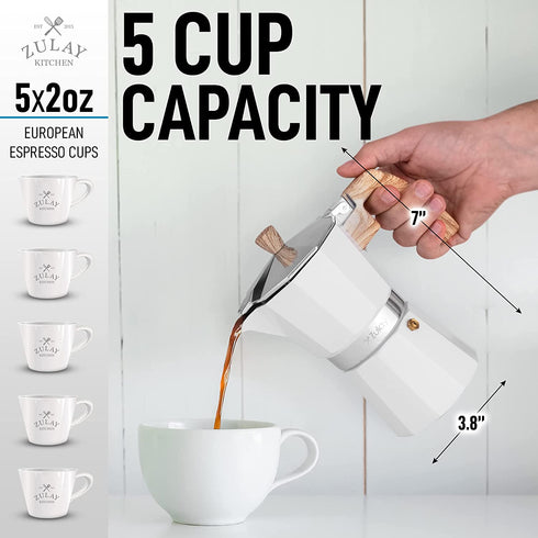 Zulay Classic Stovetop Espresso Maker for Great Flavored Strong Espresso, Classic Italian Style 5.5 Espresso Cup Moka Pot, Makes Delicious Coffee, Easy to Operate & Quick Cleanup Pot (White)