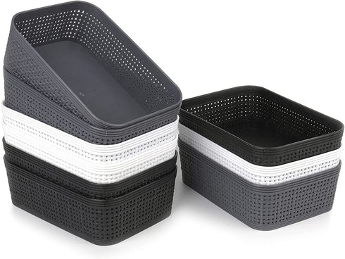 DEAYOU 9 Pack Plastic Storage Baskets, Small Weave Baskets Organizing Bins for Shelves, Pantry, Kitchen, Office, 7.3" L x 4.7" W x 2.4" H (Black, White, Gray)
