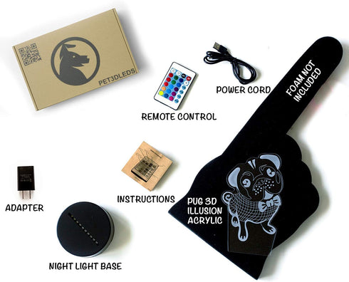 PET3DLEDS Pug Nightlight with Remote Control. 3D Illusion Decorative Dog Nightlight. Perfect Birthday, and Valentine Gift. Room, and Office Decoration.