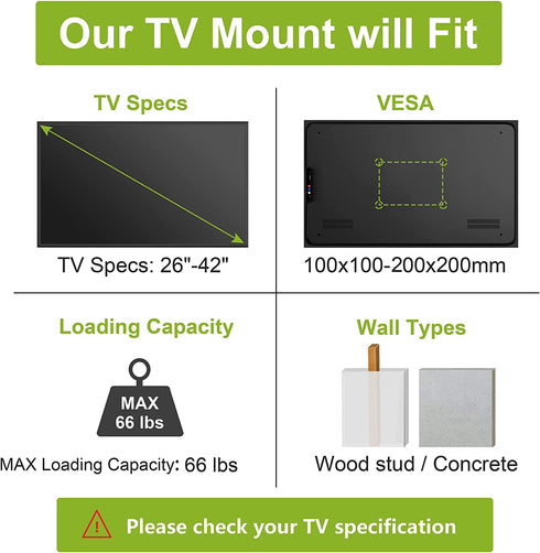 USX MOUNT TV Wall Monitor Mount Fits for Most 26 - 42 Inch TVs & Monitors,Holds up to 66lbs, TV Monitor Mount Bracket with Adjustable Tilt Swivel,Max VESA 200x200mm