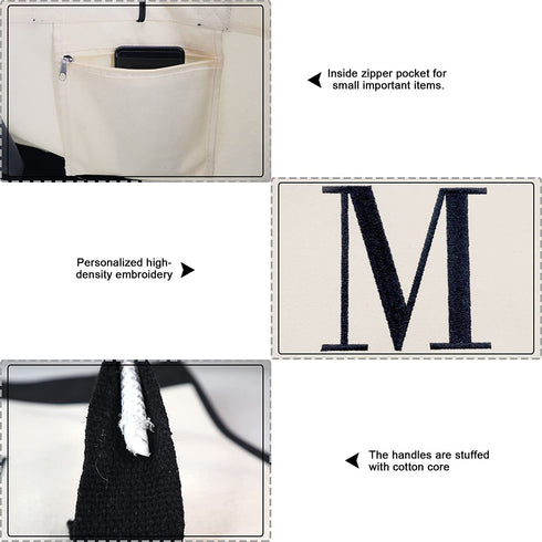 BeeGreen Initial Personalized Canvas Tote Bag 13oz with Inner Zipper Pocket Embroidery Beach Tote for Mother Day Teacher Gifts Birthday Wedding Monogram Large Cute Gift for Women Friends Bride Ladies School Utility Tote Bag M