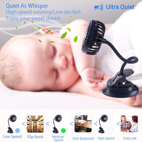 Mikikin Portable Mini Clip on Stroller Fan, 3 Speeds Settings, Flexible Bendable USB Rechargeable Battery Operated Quiet Desk Fan Ideal for Home, Office, Car, Travel, Camping, Outdoor