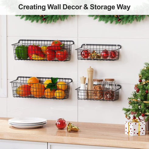 Wall Baskets, Packism 4 Pack Cabinet & Wall Mounted Wire Baskets, Multifunctional Hanging Wire Basket for Kitchen, Home, Office, Bathroom, Garage Storage, Wire Storage Baskets with Mount Hooks, Black