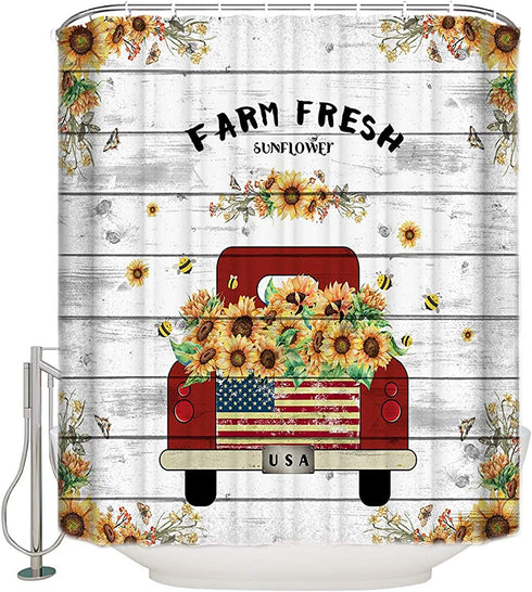 ZOE GARDEN Shower Curtain Set with Hook 36" x 78", Farm Sunflower Red Truck and Bees Retro Wood Board | Bathroom Decor Waterproof Polyester Fabric Bathroom Accessories Bath Curtain