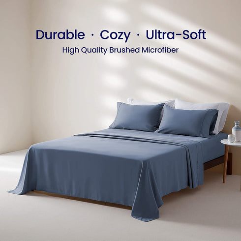 SLEEP ZONE Bed Sheet Set Ultra Soft Breathable Double Brushed Microfiber Sheets with 16 inch Deep Pocket Wrinkle Free Fade Resistant Easy Care Bedding Set 4 Pack (Flint Blue, Queen)