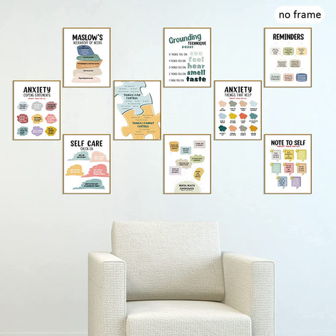 Mental Health Posters Anxiety Therapy Motivational Poster Psychologist Counselor Inspirational Posters Positive Quotes Wall Decor Classroom for Home Office, 8 x 10 Inch (Retro Style,9 Pieces)