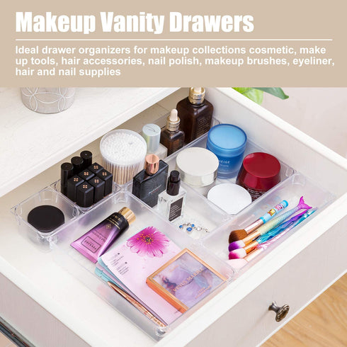 Qozary 11 Pack Clear Plastic Drawer Organizer Containers, Storage for Desk Drawers Trays, Kitchen Bathroom Makeup Drawer Dividers with Large Capacity Bins, 5-Size Trays for Bedroom Dresser Drawer