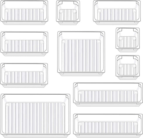 Qozary 11 Pack Clear Plastic Drawer Organizer Containers, Storage for Desk Drawers Trays, Kitchen Bathroom Makeup Drawer Dividers with Large Capacity Bins, 5-Size Trays for Bedroom Dresser Drawer