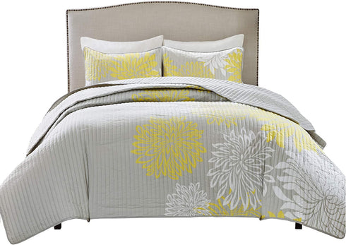 Comfort Spaces Enya 3 Piece Quilt Coverlet Bedspread Ultra Soft Floral Printed Pattern Bedding Set, King, Yellow-Grey,CS14-0062