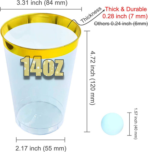 KOPHADOT 14oz Double Gold Rim Plastic Cups 50 packs with 2 Party Pong Balls, Disposable and Reusable Elegant GoldCup Clear Party Drinking Cups for Weddings, Bachelorette Parties, Christmas