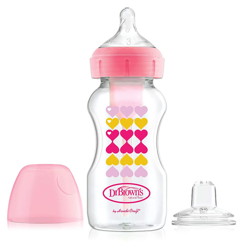 Dr. Brown’s Natural Flow® Anti-Colic Options+™ Wide-Neck Sippy Bottle Starter Kit, 9oz/270mL, with Level 3 Medium-Fast Flow Nipple and 100% Silicone Soft Sippy Spout, Pink, 6m+