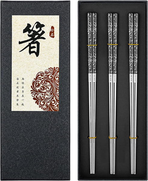 Reusable Chopsticks 3 Pairs Metal Chopsticks Stainless Steel Titanium Plated Chop Sticks Dishwasher Safe Gift Box (Black Silver)