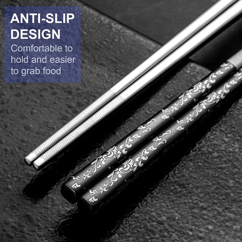 Reusable Chopsticks 3 Pairs Metal Chopsticks Stainless Steel Titanium Plated Chop Sticks Dishwasher Safe Gift Box (Black Silver)