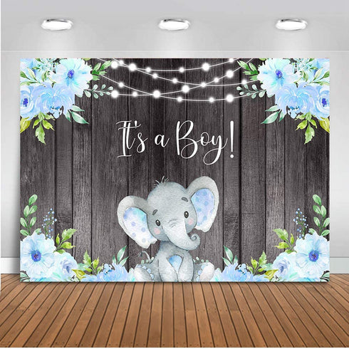 Avezano It's a Boy Elephant Backgdrop Boy Baby Shower Party Banner Decoration Blue Floral Rustic Wood It's Boy Elephant Baby Shower Theme Photography Background Photo Booth Banner (7x5ft)