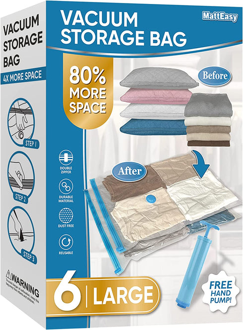 MattEasy Space Saver Vacuum Storage Bags, 6 Pack Large Space Saver Bags with Pump, Storage Vacuum Sealed Bags for Clothes, Comforters, Blankets, Bedding (Large)