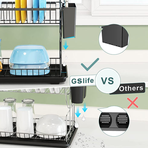 Dish Drying Rack, GSlife Rust-Resistant Small 2 Tier Dish Rack with Drainboard Set, Dish Drainer with Utensil Holder & Cup Holder for Kitchen Counter, Black