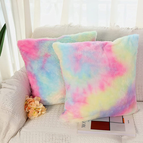 Pink Cute Decorative Throw Pillows Covers Pack of 2 Soft Fluffy Blush Faux Fur Large Throw Pillow for Couch Bed Decor Sofa Comfy Chair for Bedroom Rainbow Girls Cuddle Cushion 18x18