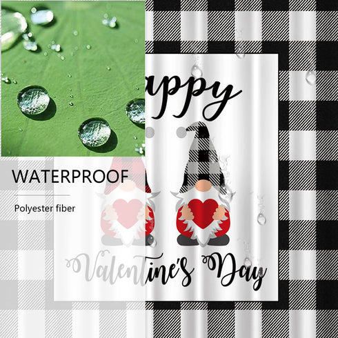 Valentines Day Gnomes Shower Curtain Buffalo Plaid on Black White Grey Farmhouse Check Background Happy Valentines Day Fabric Shower Curtains for Bathroom Waterproof, 72" x 72"
