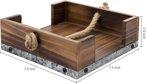 MyGift Rustic Dark Brown Burnt Wood & Galvanized Metal Kitchen Napkin Holder Dispenser Rack with Weighted Rope Rest Design