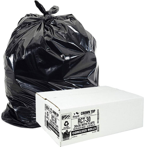 Aluf Plastics RCT-30 Star Sealed Coreless Rolls with E-Z Tie Flap Closure, 30 gal, Polyethylene, 30" x 36", Black (Pack of 100)