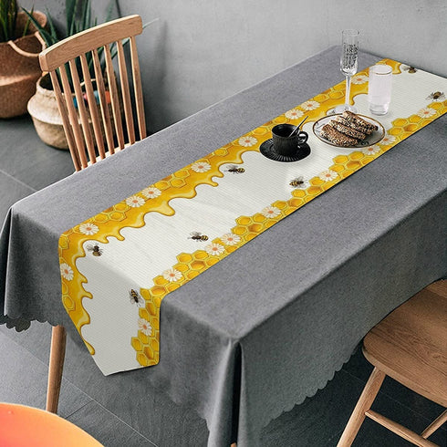 Granbey Bees Table Runners Yellow Honey Bee Daisy Flower Honeycomb Farmhouse Decorations Table Runner for Home Kitchen Dinner Party Or Indoor and Outdoo Decor 13x70 Inches Long