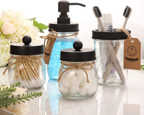 Mason Jar Bathroom Accessories Set 4 - Mason Jar Soap Dispenser & 2 Apothecary Jars & Toothbrush Holder - Rustic Farmhouse Restroom, Bathroom Home Decor Clearance, Countertop Vanity Organizer, Black