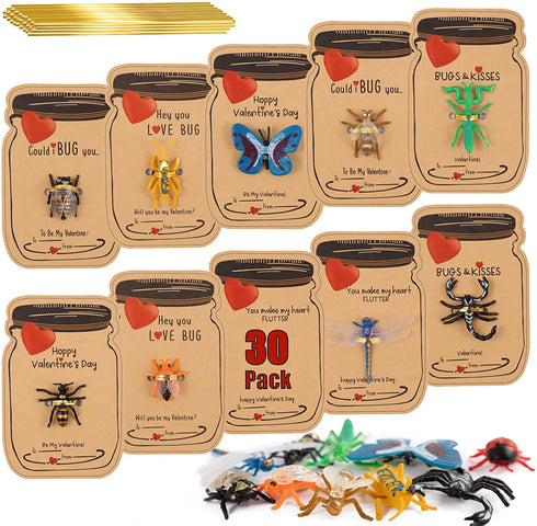 Valentines Day Gifts Cards for Kids, 30 Pack Love Bug Card Bulk with 10 Different Valentines Bugs Toy - Funny Children Valentine Exchange Cards for Boys Girls School Class Classroom Party Favors