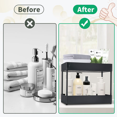 Under Sink Organizer and Storage - 2 Tier Bathroom Organizer - Multi-purpose Under The Sink Organizer - Countertop Storage Shelf Holder with 6 Hooks - Kitchen Spice Rack - Under Sink Storage for Bathroom Kitchen, Black