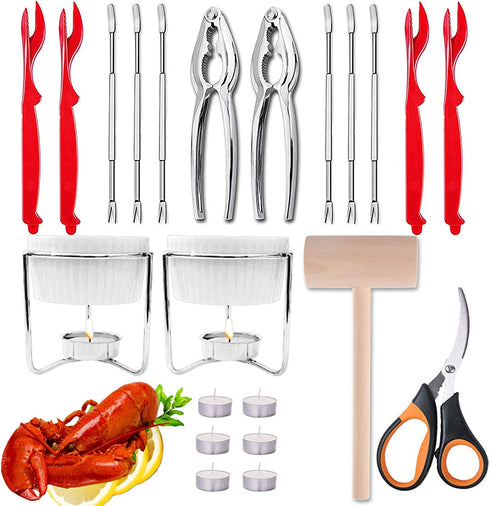 Artcome 22-Piece Seafood Tools Set Including 2 Lobster Crackers, 6 Crab Forks, 4 Lobster Shellers, 2 Butter Warmers, 1 Lobster Crab Mallets, 1 Seafood Scissor and 6 Tealight Candles