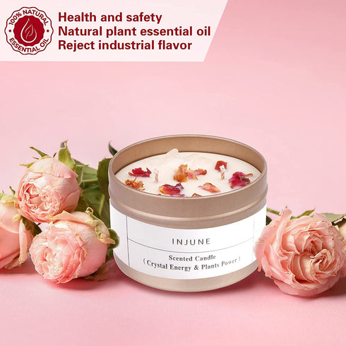 Rose Scented Candles Valentines Day Gifts Handmade Soy Wax Healing Candle Organic Dry Flower and Rose Quartz Candle with Cotton Wick Increase Charm/Wealth/Lucky for Lover Gift