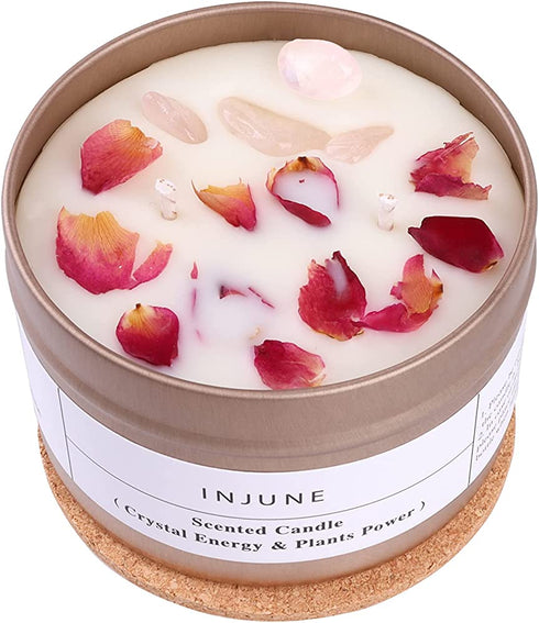 Rose Scented Candles Valentines Day Gifts Handmade Soy Wax Healing Candle Organic Dry Flower and Rose Quartz Candle with Cotton Wick Increase Charm/Wealth/Lucky for Lover Gift