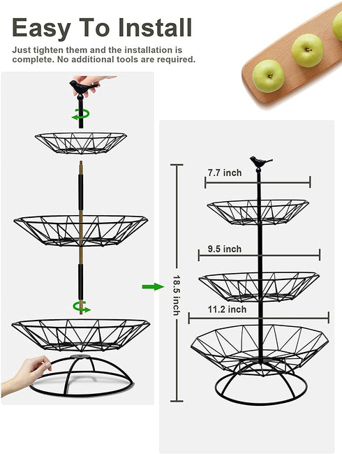 Fruit Basket for Kitchen-Countertop Detachable Vegetables-Storage - Homlab 3-Tier Fruit Bowl for Counter Fruit Holder Metal Banana Holder Organizer with Banana Hanger & Reusable Storage Bag(Black)