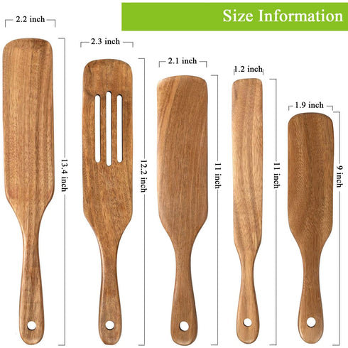 Wood Spurtles Kitchen Set, Acacia Wooden Kitchen Utensil Set,Wood Cooking Utensil, 100% Healthy Hard And Durable Wood Kitchen Utensils For Salad Stir, Cake Make And Pan-Fried Steak (5)