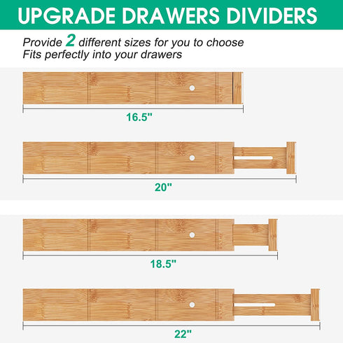 Bamboo Drawer Dividers with 8 Inserts, 16.5-22", Kitchen Drawer Organizer Box for Silverware Utensil, Expandable & Adjustable Drawer Dividers for Home, Office, Dressers, and Bathroom