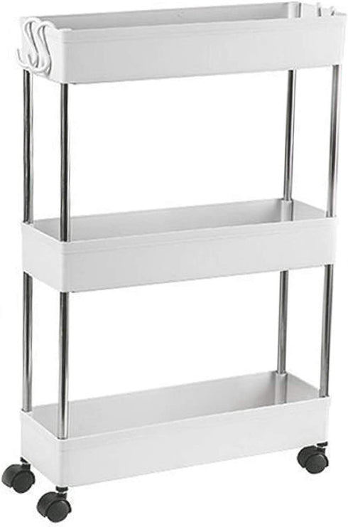 3 Tier Slim Storage Cart, with Wheels Mobile Shelving Unit Organizer, Rolling Utility Cart Bathroom Storage Shelf Rack, Plastic&Stainless Steel, for Bedrooms, Kitchen & Dressers, Narrow Places (White)
