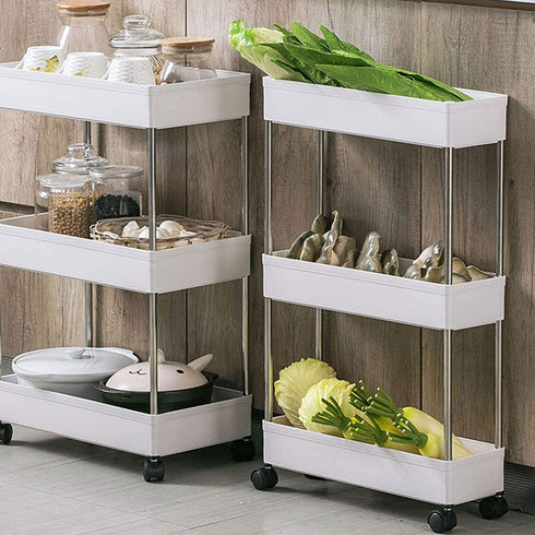 3 Tier Slim Storage Cart, with Wheels Mobile Shelving Unit Organizer, Rolling Utility Cart Bathroom Storage Shelf Rack, Plastic&Stainless Steel, for Bedrooms, Kitchen & Dressers, Narrow Places (White)