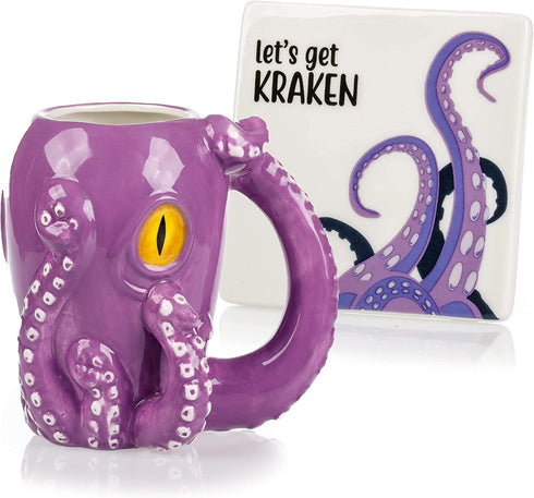 InFLOATables Octopus Mug and Coaster Set - Large Coffee Mug - Ceramic Coffee Mug 5 Inches Tall - Holds 12 Ounces - Handcrafted 3D Coffee Mug with Let's Get Kraken Coaster - Unique Birthday Gift
