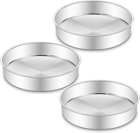9½ Inch Cake Pan Set of 3, Deedro Stainless Steel Cake Pans Round Cake Baking Pans for Wedding Birthday Layer Cake, One-piece Molding, Healthy & Durable, Mirror Finish & Dishwasher Safe