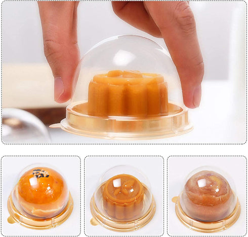 100 PCS Clear Plastic Mini Cupcake Box Round Cupcake Mooncake Dessert Container Box Cookies Muffins Dome Box for Weddings Birthdays and Other Holiday Parties Gift Box (Gold)