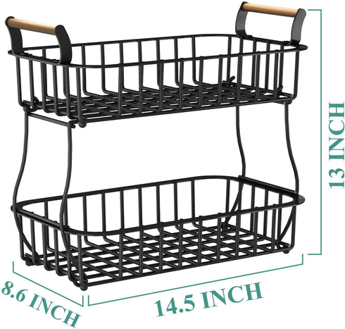 Wisdom Star 2 Tier Fruit Basket Bowl Farmhouse for Kitchen Countertop, Detachable Metal Bread Fruit Vegetable Storage Basket Stand Holder with Wooden Handle , Black