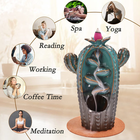 Backflow Incense Burner Cactus-like Waterfall Ceramic Incense Holder- Aromatherapy Ornament with 20 Incense Cones +30 Incense Sticks +1 Mat +1 Tweezer for Home Office Yoga Decor Gift
