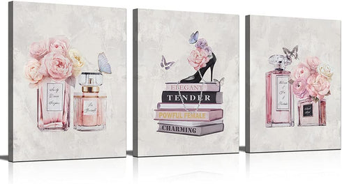 WANBOYA Fashion Women Canvas Wall Art Pink Flower Perfume Modern Art Prints with Book High Heel 3 Pieces Canvas Pictures Girl Room Wall Decor for Women Bedroom Bathroom Ready to Hang 12"x16"x3pcs