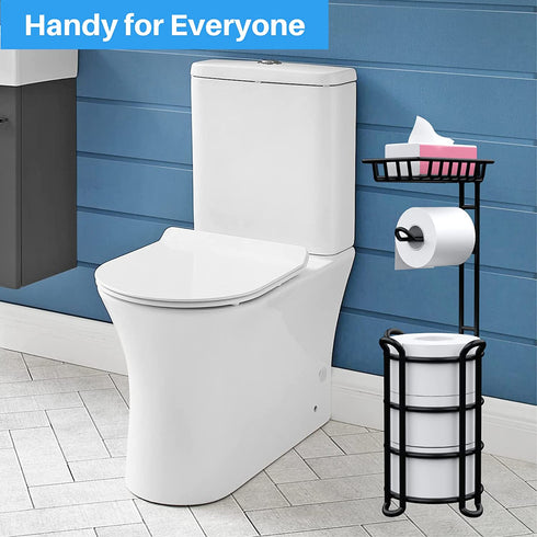 Toilet Paper Holder Stand with Shelf, Free Standing Toilet Tissue Roll Storage Rack for Bathroom, Black