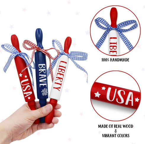 July 4th Patriotic Mini Rolling Pins Independence Day Decoration USA Brave Liberty Farmhouse Decorations Veterans Day Tiered Tray Decor Set of 3