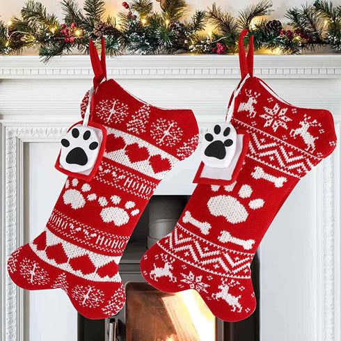OurWarm 2Pcs Dog Christmas Stockings, Red Knit Dog Stockings with Picture Frame, Large Bone Shape Pet Stockings for Dogs Christmas Holiday Decoration